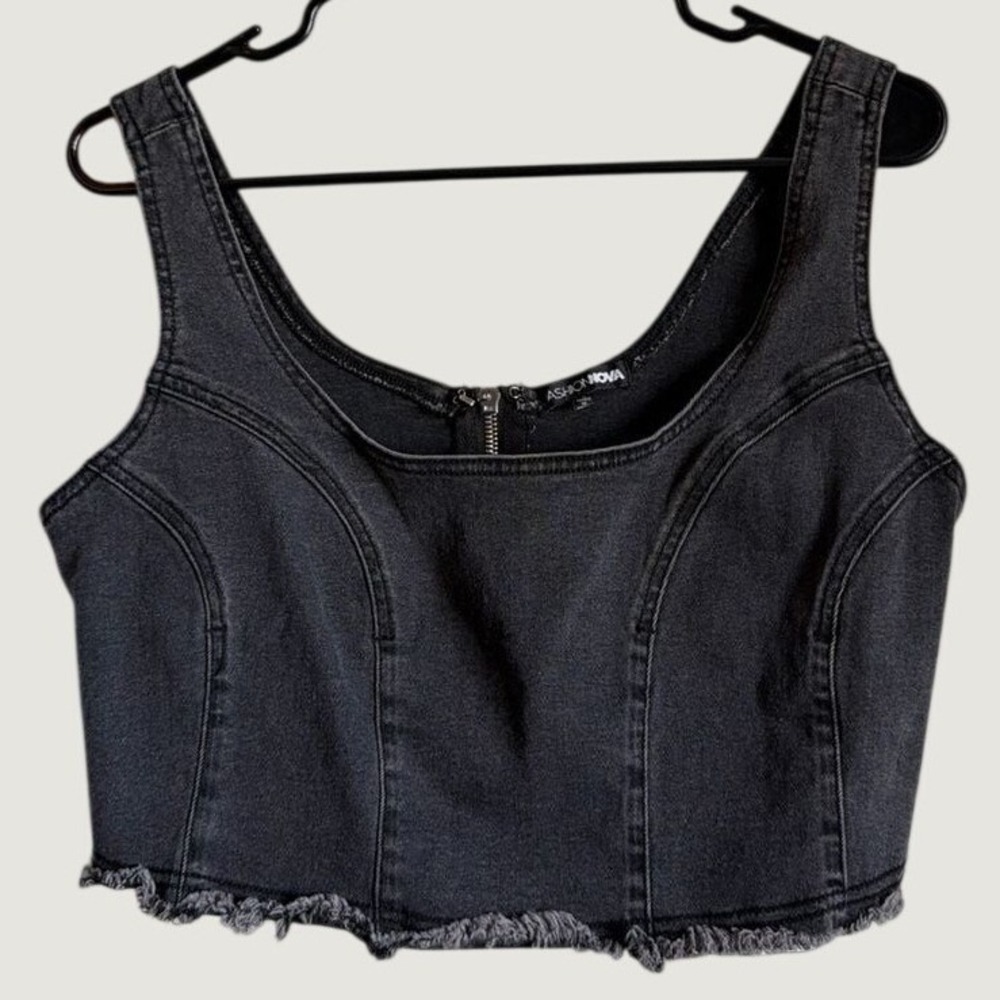 Washed Black Denim Corset Top Frayed Hem Zip Front L Baddie